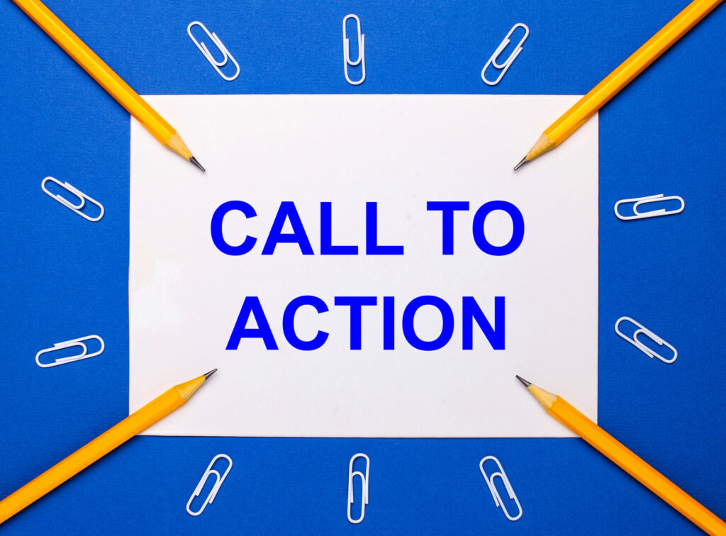 On a blue background, white paper clips, yellow pencils and a white sheet of paper with the text CALL TO ACTION