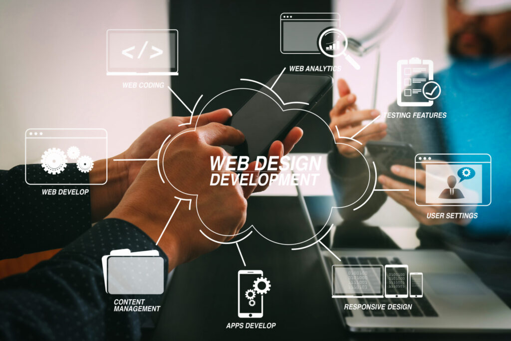 Developing programming and coding technologies with Website design in virtual diagram.co working team meeting concept,businessman using smart phone in modern office