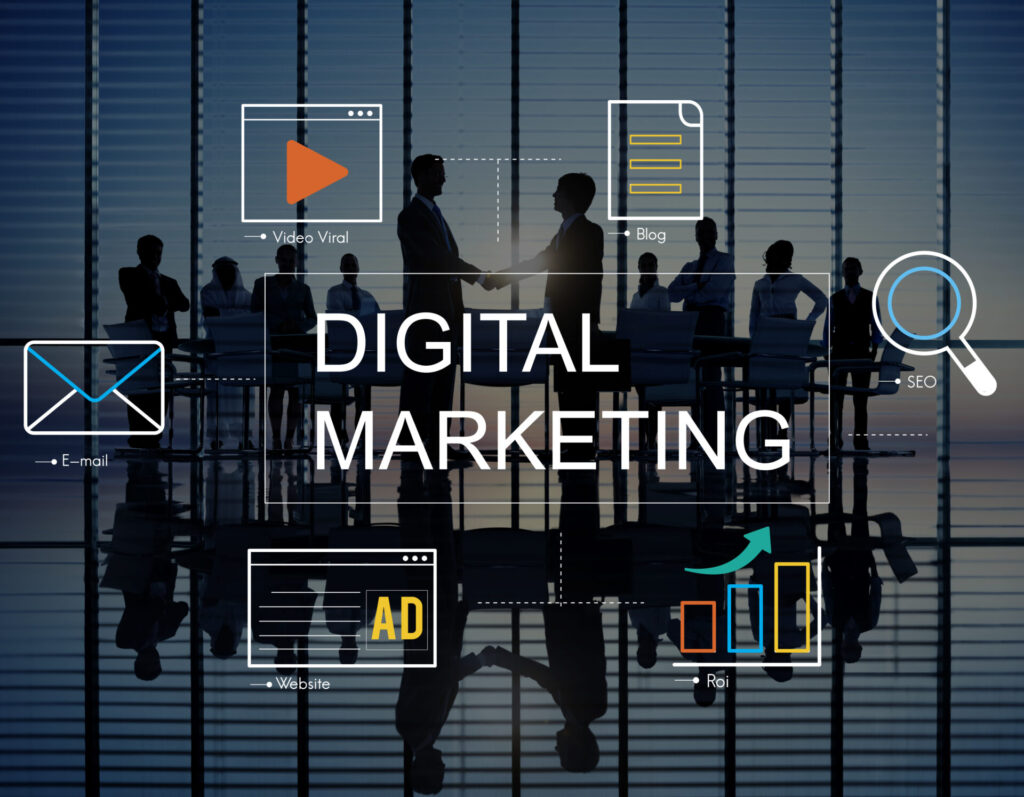 digital marketing with icons and business people, seo, website and more