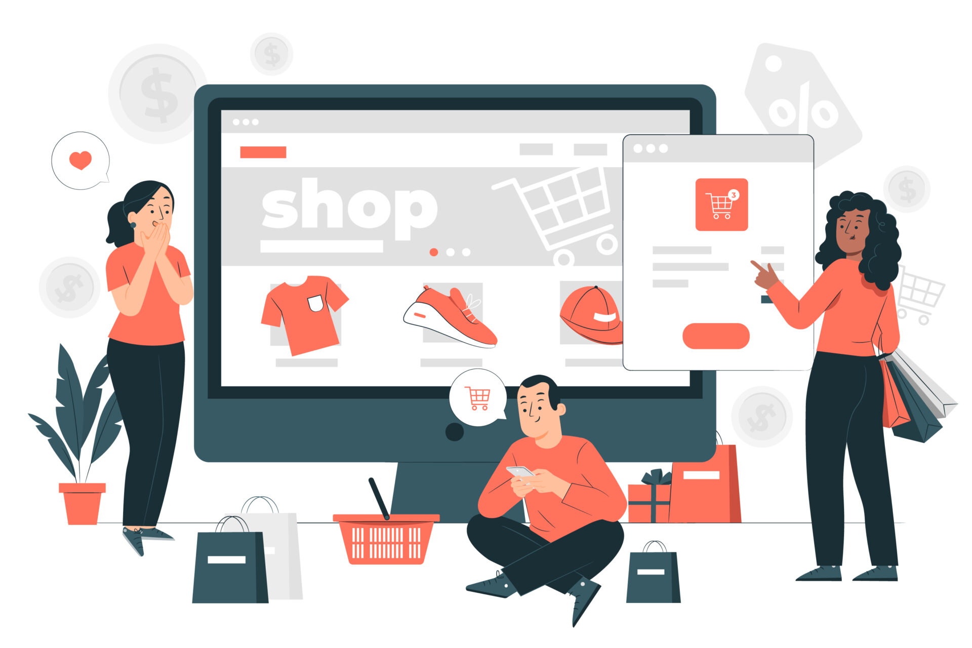 オンラインショッピングサイトと買い物中の人々のイラスト