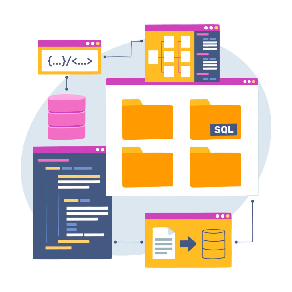 ウェブ開発のコーディングとデータベース管理の概念を表すイラスト。コードエディタ、SQLデータベースフォルダ、構造化されたクエリ言語のシンボルが描かれています。