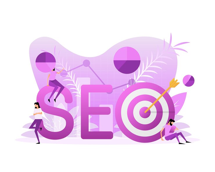 パープル色の巨大なSEO文字と的中の矢印を囲むビジネス人物を描いたデジタルマーケティング戦略のイラスト