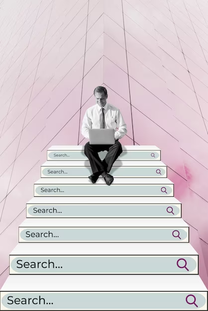 キーワードリサーチのプロセスと成長の段階を表現したビジネスマンが階段状の検索バーに座っているクリエイティブなイラスト