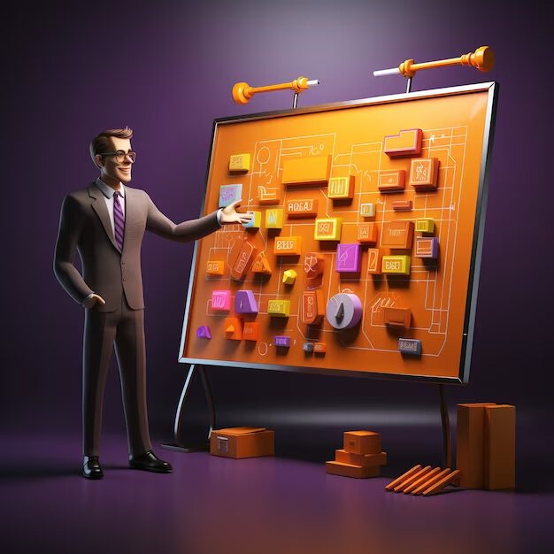 3Dイラストで表現された男性がSEO対策とパーソナライゼーション戦略のプランをプレゼンテーションボードで説明しているシーン